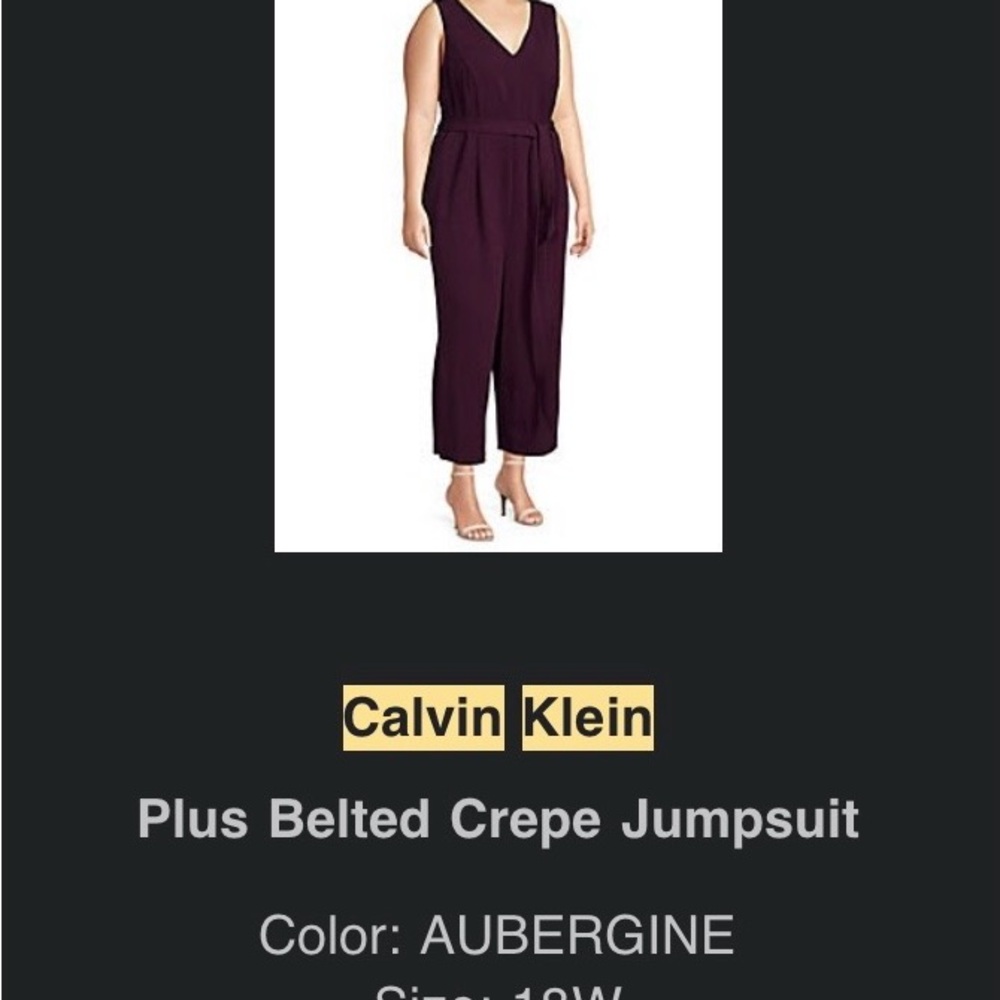 Calvin Klein Plus Belted Crepe Jumpsuit - Aubergine - Picture 2 of 7